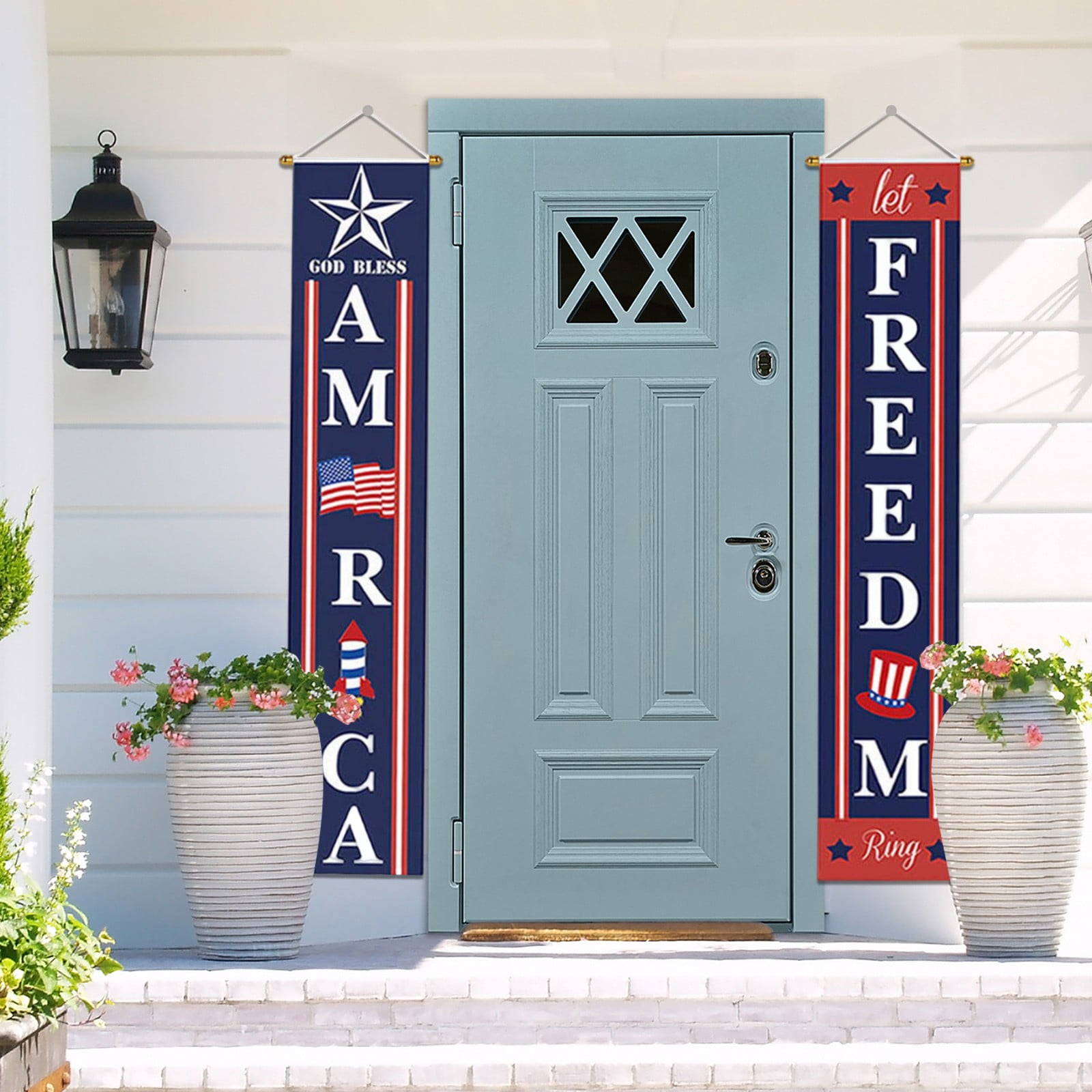 Red White Blue Independence Day Patriotic Vertical Banner Set for Doorway Porch Entryway Decor with Letter Print and Hanging Rope for Home Party Display