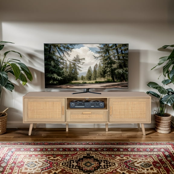 Finnhomy 59-Inch Boho TV Stand for up to 70-inch TVs with 2 Rattan Doors
