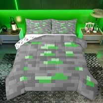 Homewish Cartoon Green Grey Plaid Queen Comforter Set, Vintage Game Abstract Bedding Sets, Square Rectangle Reversible Bedding Comforter Set, Luxury Bedroom Decor, 3 Pieces