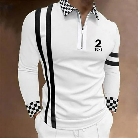 Men's Printed Pattern Polo Shirt Fashion Casual Long-Sleeved Lapel Zipper Polo Shirt White XXL