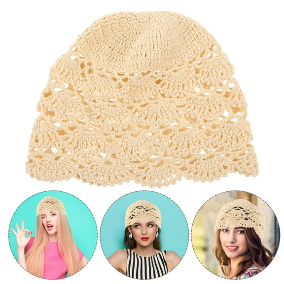 Women Crochet Beanie Hat Knitted Floral Beanie Summer Hat White Crochet Cutout Hat, Breathable And Lightweight