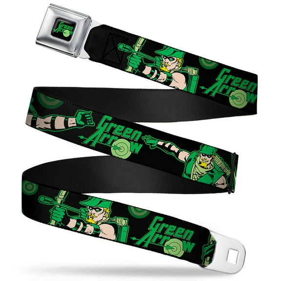 DC Comics Belt, Seatbelt Buckle Belt, Green Arrow Action Poses Targets Black Greens, 34 to 52 Inches