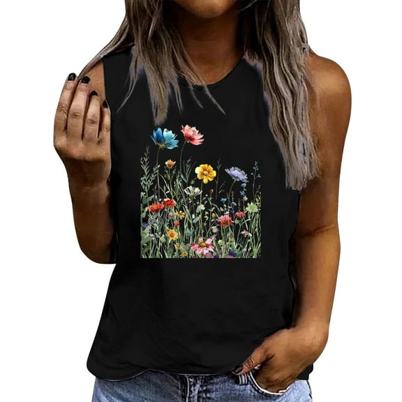 Floruhand Vintage Floral Flower Tank Tops for Women Boho Wildflowers Graphic Tees Botanical Vest Casual Sleeveless Shirts Tops