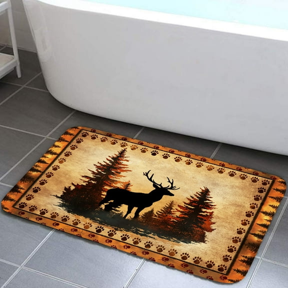 Rustic Bath Rugs, Farmhouse Hunting Theme Cabin Country Bear Paw Deer Print Bathroom Decor, Retro Wild Animal Hunting Camping Non-Slip Floor Outdoor Indoor Door Mat, 17X29IN