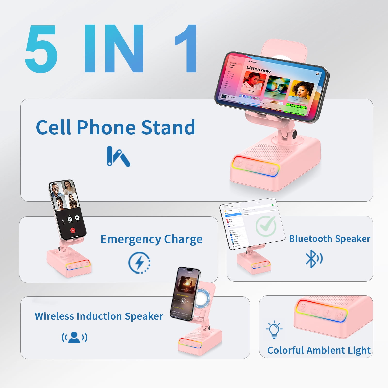 Adjustable Cell Phone Stand with Wireless Induction Bluetooth Speaker, HD Surround Sound, Color-Changing LED Light, and Non-Slip Phone Holder – Perfect for Yoga and Kitchen, a Great Gift for Everyone