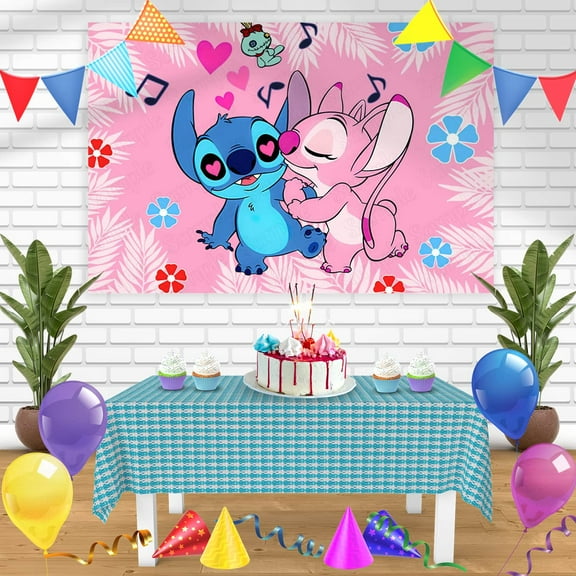 LiloStitch Pink PB Bn Birthday Banner Personalized Party Backdrop Decoration 60 x 44 Inches