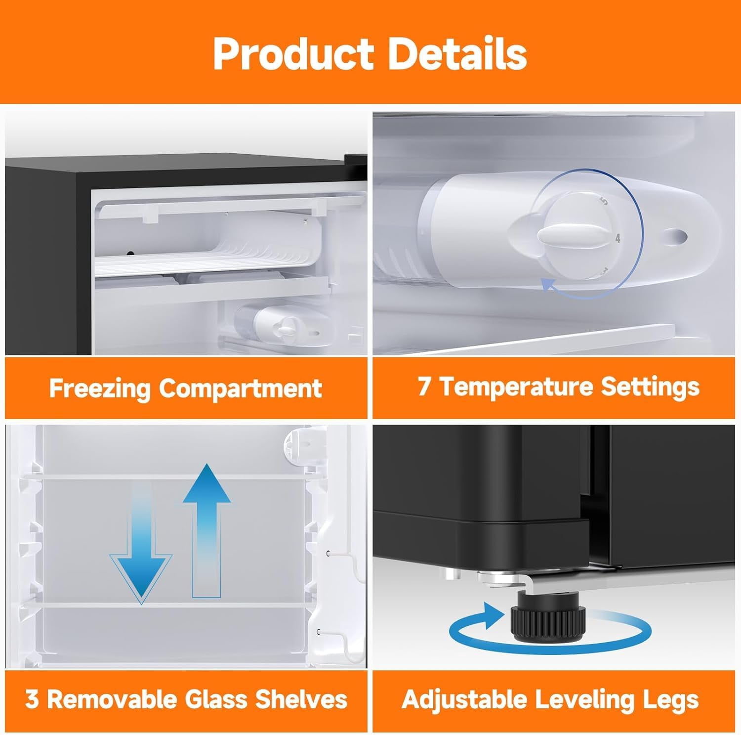 4.3 Cu.Ft Mini Fridge with Freezer, Compact Single Door Mini Refrigerator with 7-Setting Temperature Control, Removable Shelves & Crisper Drawer for Bedroom, Office, Dorm, RV