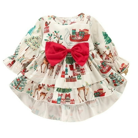 

Girls Fashion Dresses Xmas Baby Girls Cartoon Print Long Sleeve Bowknot Princess Dress Christmas Outfit Clothes