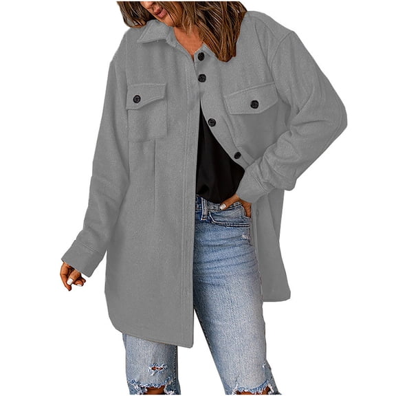 Admvng Womens Fleece Shacket Jacket Lapel Collar Button Down Mid Length Soft Fall Winter Flannel Shirt Coat