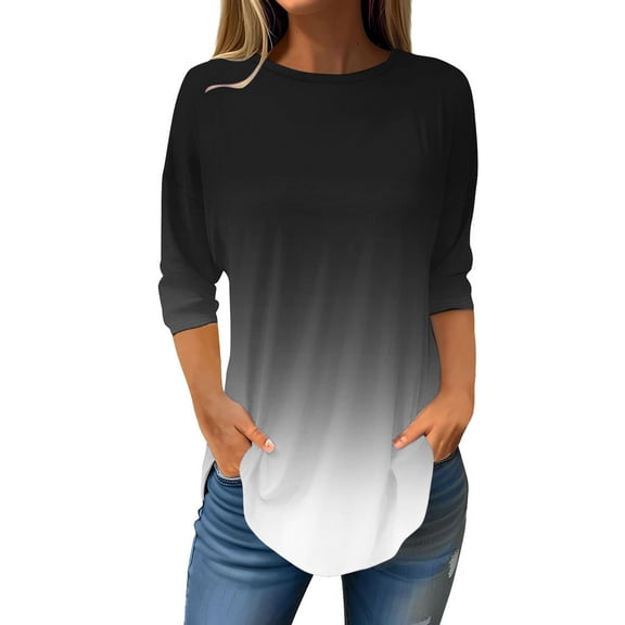 Aofany Womens Tops 3/4 Sleeve T shirts Casual Fall Clothing Fashion Crew Neck Gradient Tunic Top Blouses