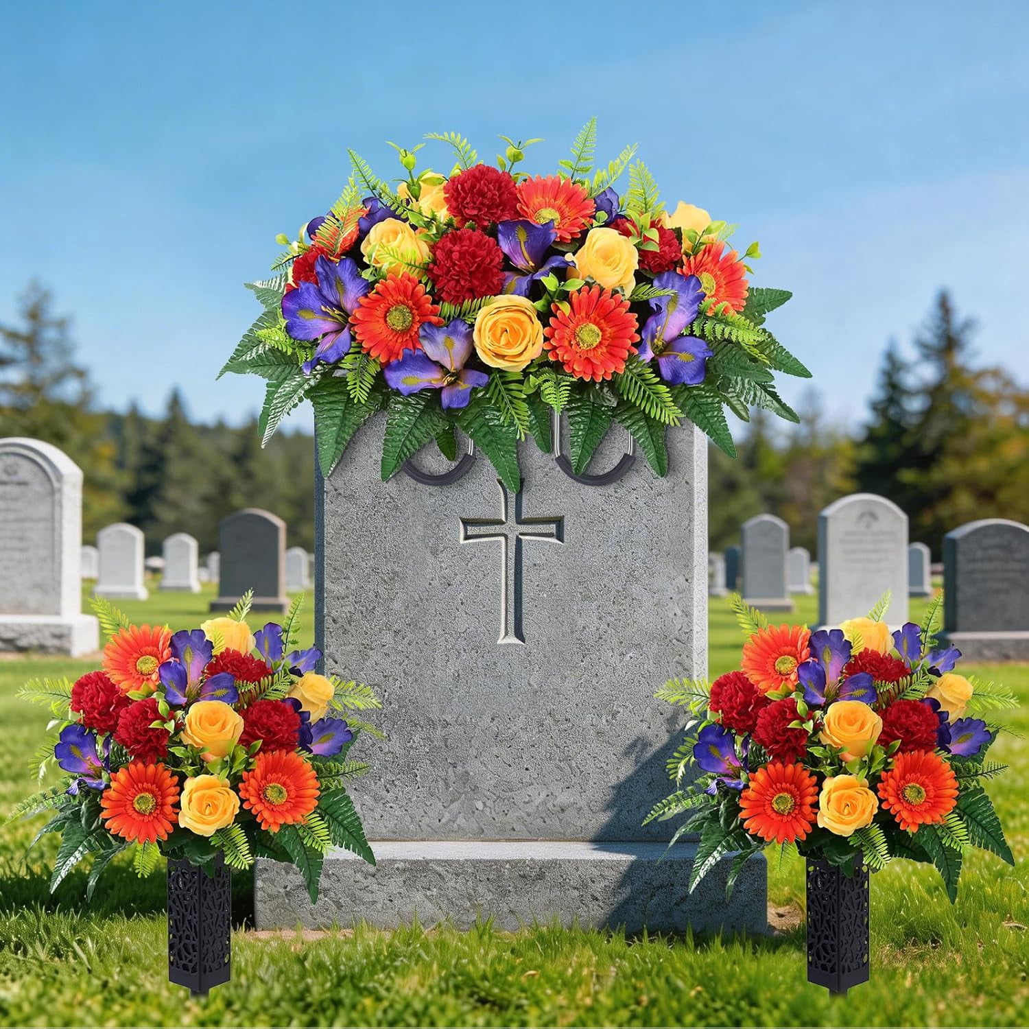 3 Sets Artificial Cemetery Flowers for Grave, Realistic Headstone Flower ,  Memorial Day Flowers, Mixed Blooms Grave Decorations for Cemetery (Colorful)