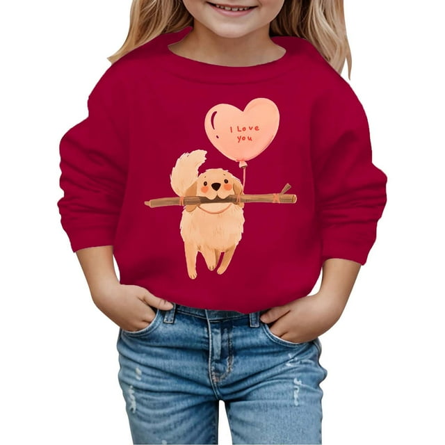 MEZZALL Chandail à Capuche Mode pour Enfants à Imprimé Chiot Cœur de Printemps, Chandail à Enfiler, Hauts Classiques pour Tout-Petits, Tenue Quotidienne, Rouge, 3-4 Ans
