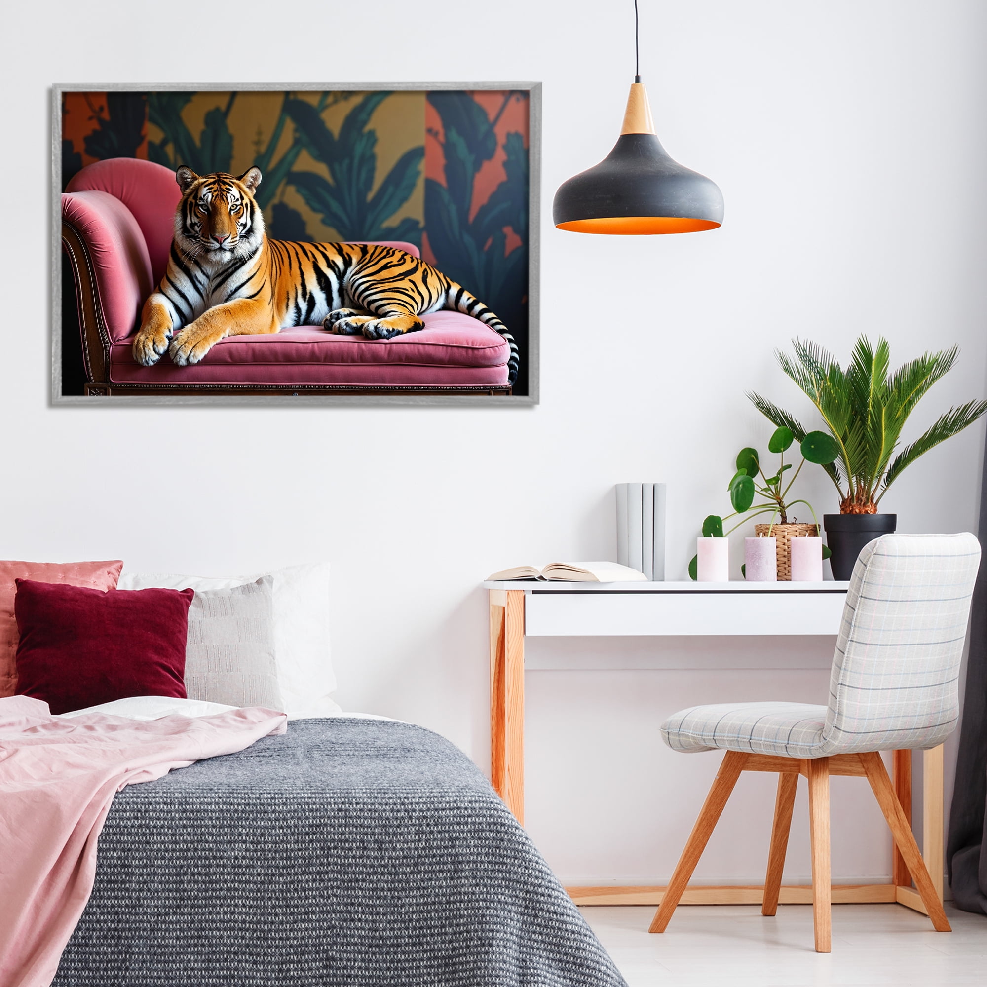 Exotic Tiger Lounging Gray Framed Giclee Art, design by Lettered and Lined