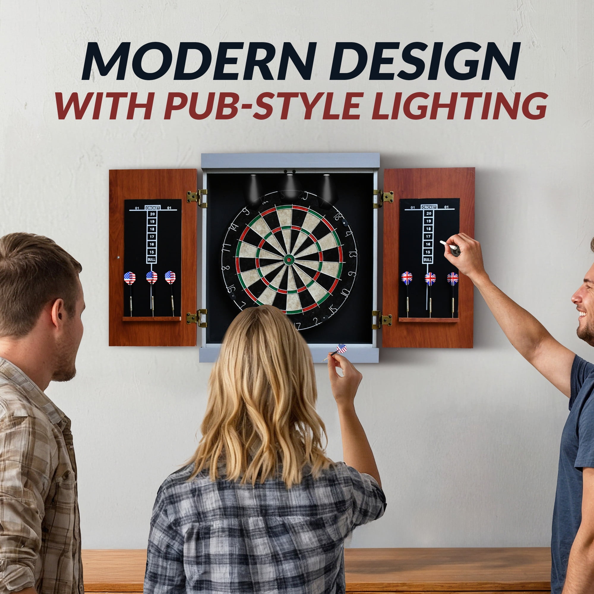 Hathaway Geneva Dartboard Cabinet with Integrated Lighting, Grain/Black/Gray