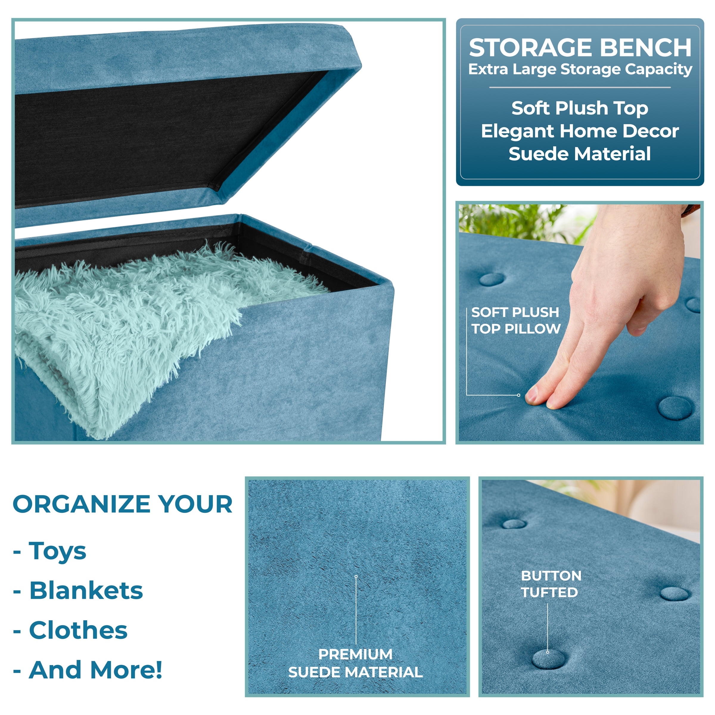 Sorbus Faux Suede Storage Ottoman Cube, Seat with Hidden Storage, Foldable, Lightweight, Teal