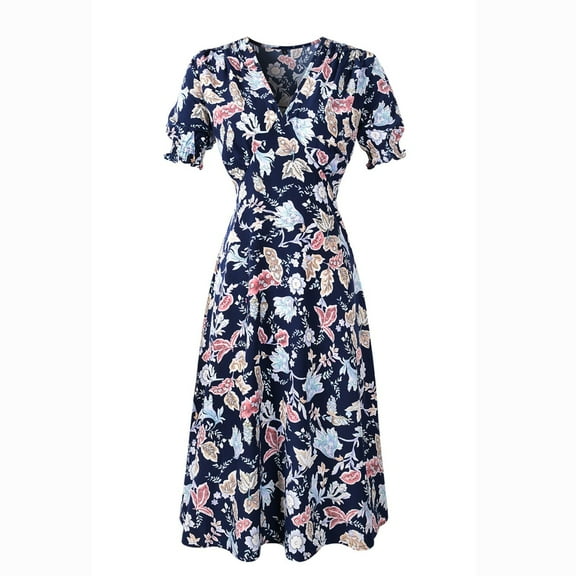 SWSMCLT Women's Ruched Spring Sundress Summer Floral Dress Short Sleeve Dresses V Neck Midi Holiday Boho Dinner Beach Navy Large