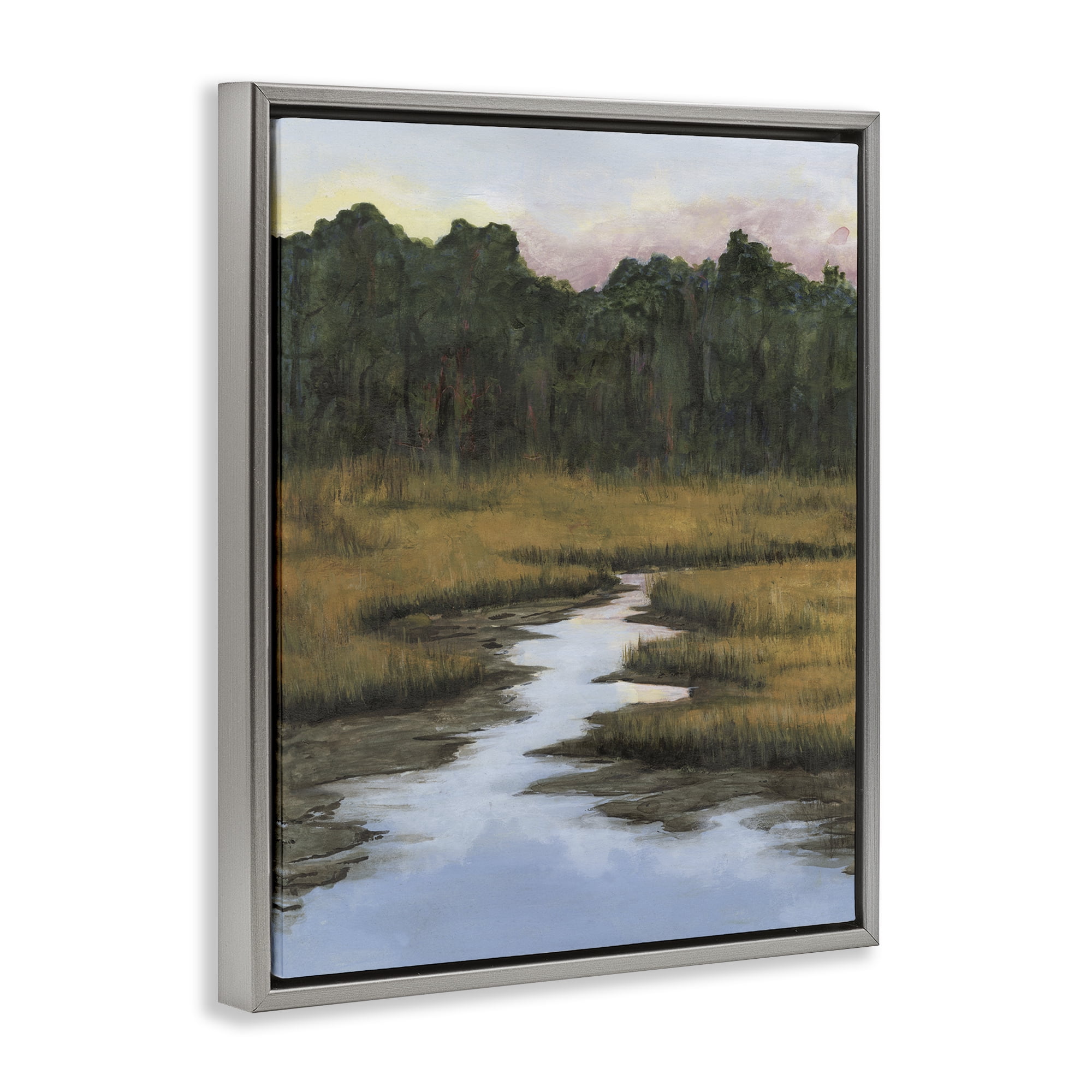 Stupell Industries Peaceful River Receding Landscape & Nature Painting Gray Floater Framed Canvas Art Print Wall Art, 17 x 21