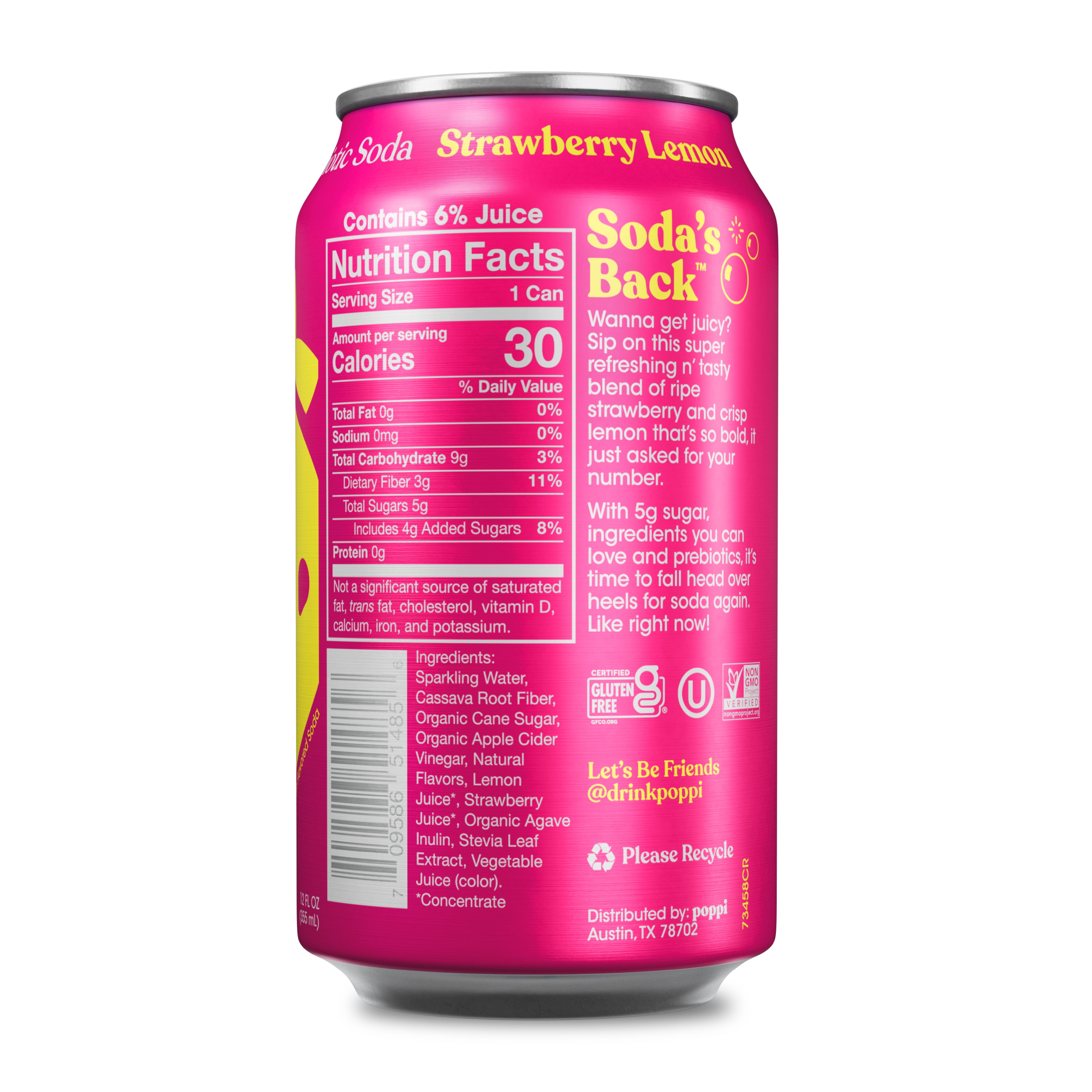 (12 pack) poppi Strawberry Lemon Prebiotic Soda, 12 oz, 12 Pack Cans
