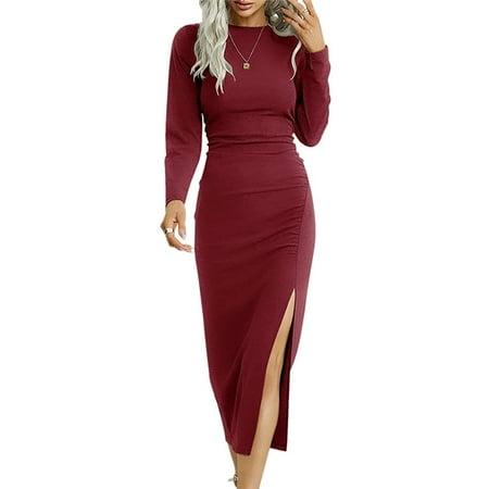 

Aueoeo Plus Size Formal Dresses for Women Holiday Cocktail Dress Women s Fashion Casual Long Sleeve Round-Neck Solid Warm Split Fork Loose Long Dress