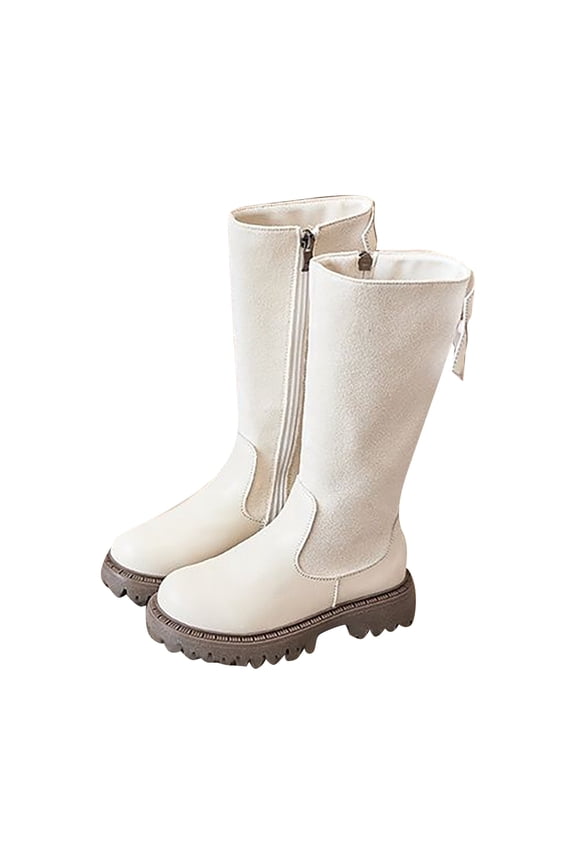 Girls Winter Boots Side Zipper Bow Detail Tall Leather Boots, Warm Non- Calf Booties for Kids, Stylish Princess Boots,Color:White,Size:9-9.5 Years