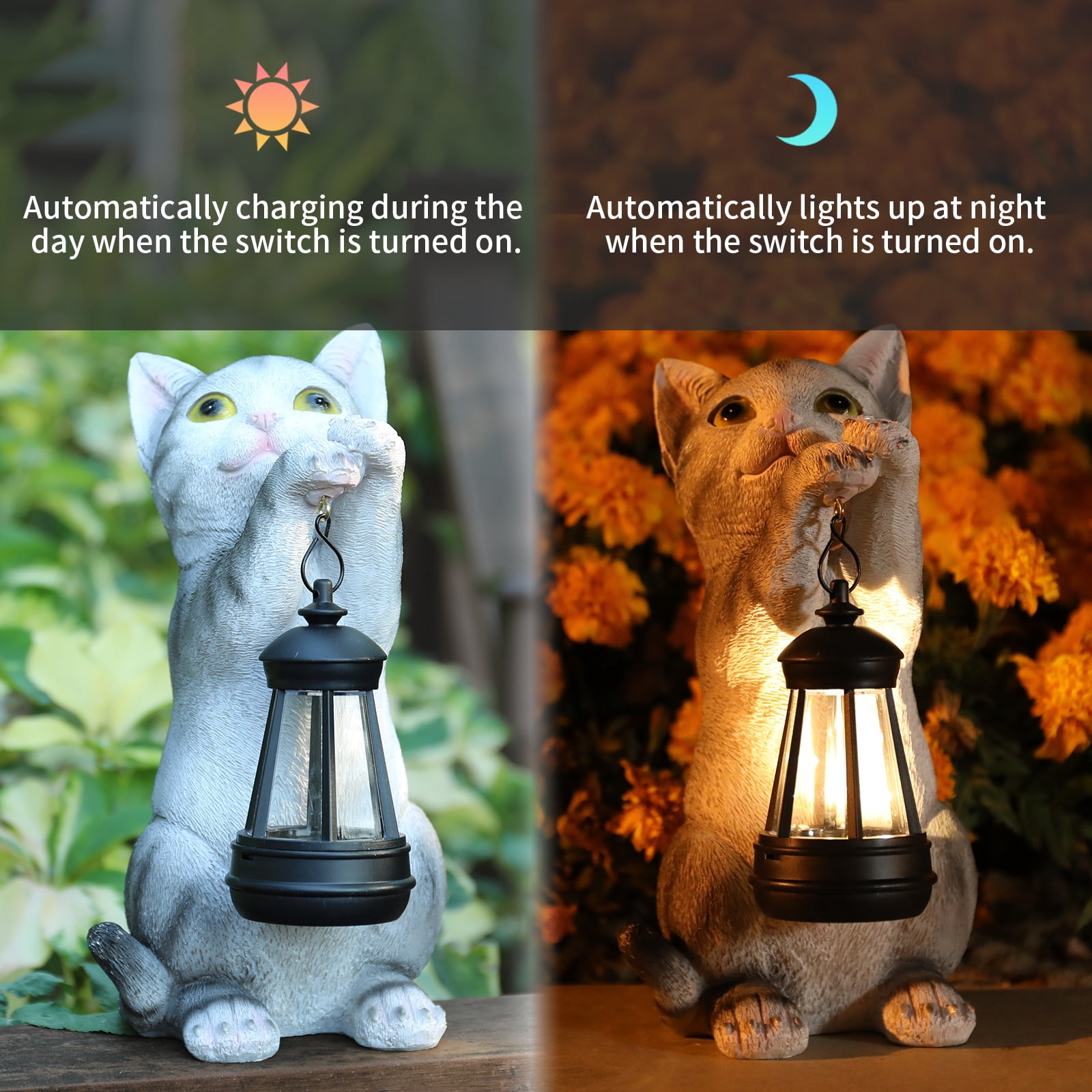 Solar Garden Outdoor Statues Cat with Solar Lantern,Outdoor Cat Figurines Decorations,Lawn Decor Rabbit Statue for Patio, Balcony, Yard Ornament,Unique Housewarming and Birthdays Gifts for Mom Women