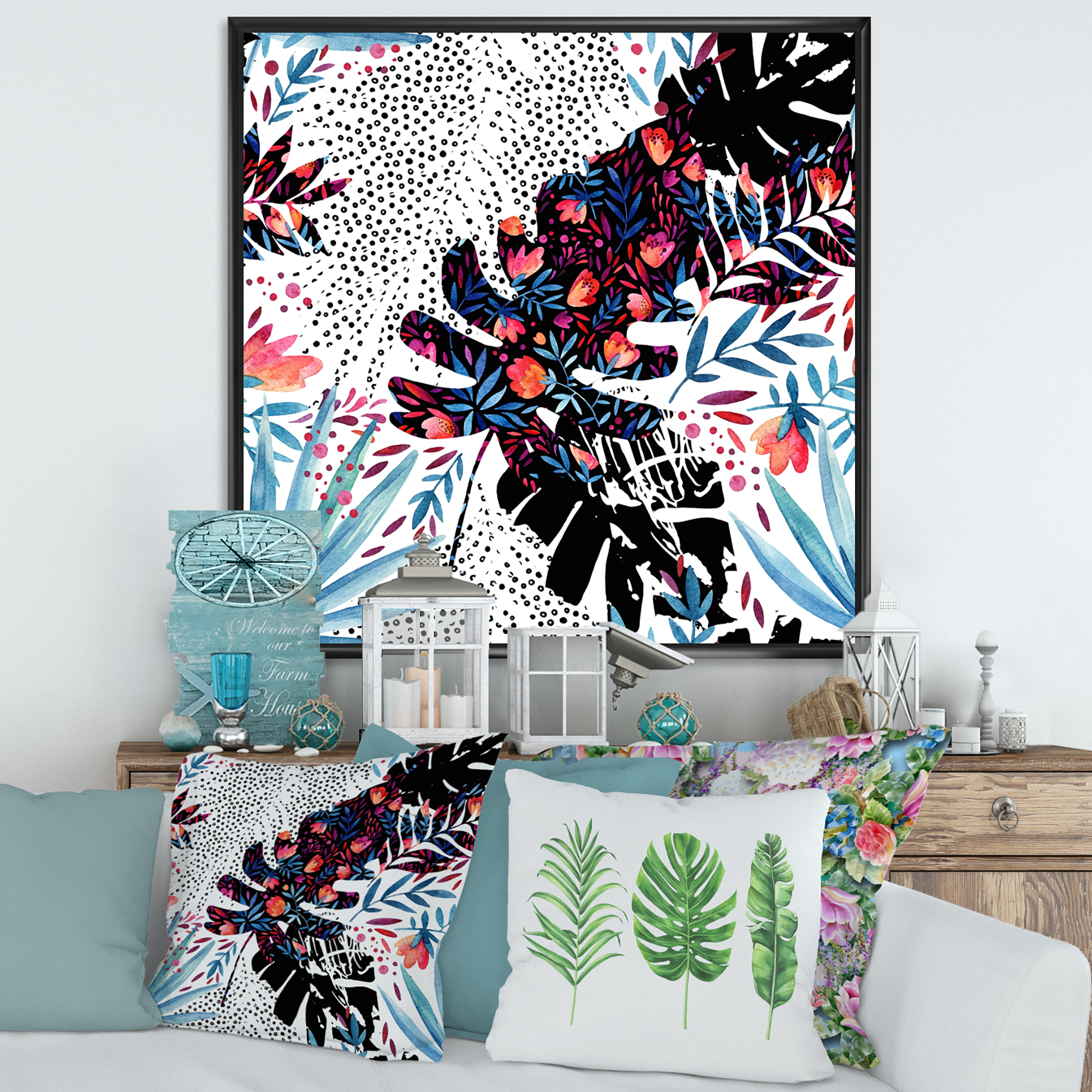 Designart 'Abstract Tropical Floral Patchwork I' Tropical Framed Canvas Wall Art Print