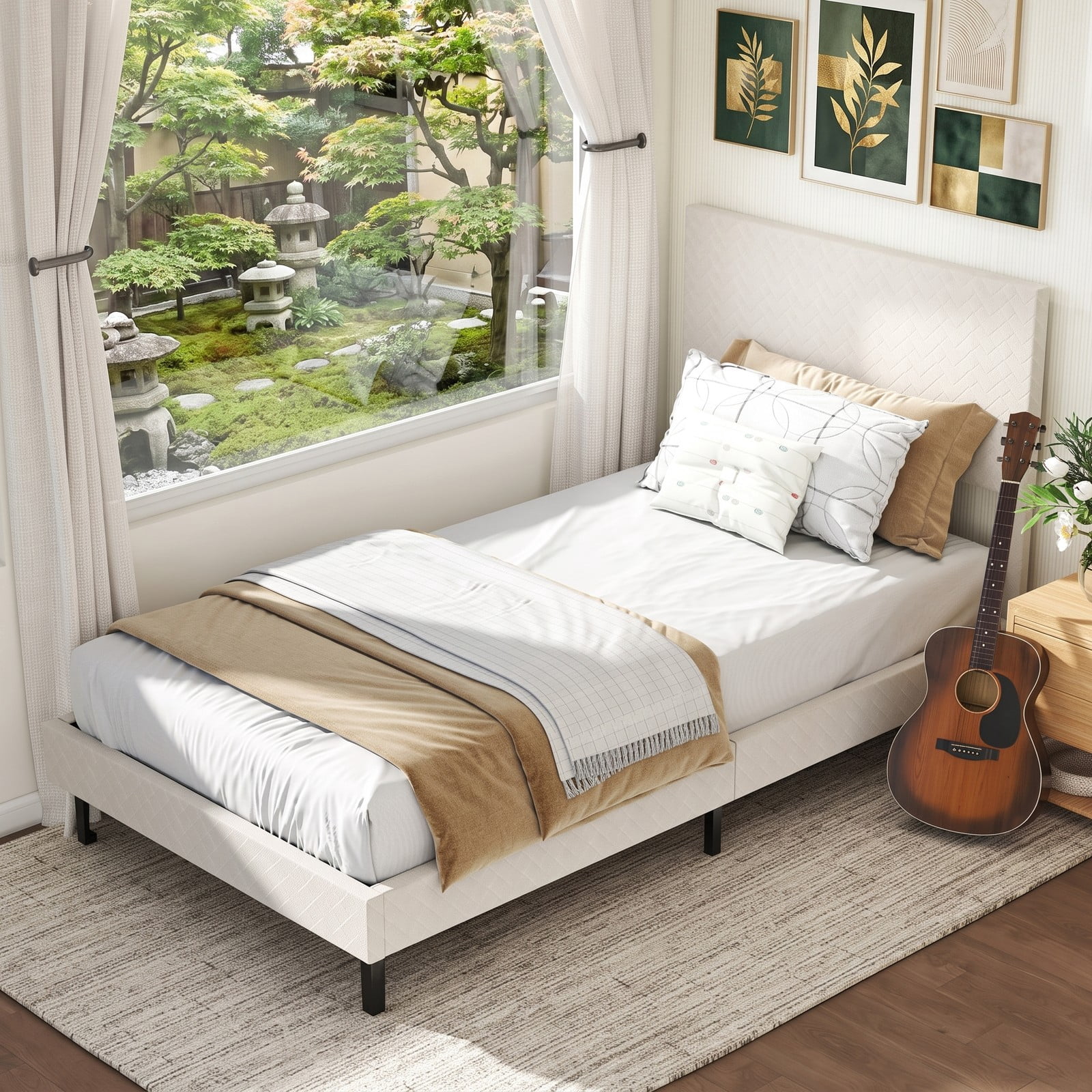 Furnibear Twin Bed Frame Velvet Upholstered Platform Bed with Height Adjustable Chevron Headboard and Wooden Slats, Beige