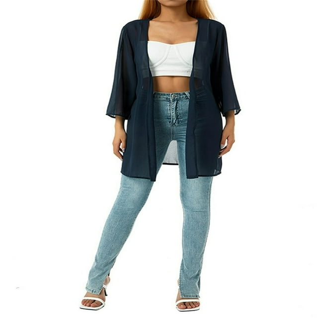 Kimono Cardigan en Chiffon Transparent à Manches Bouffantes pour Femmes, Blouse Décontractée Bleu Marine TG