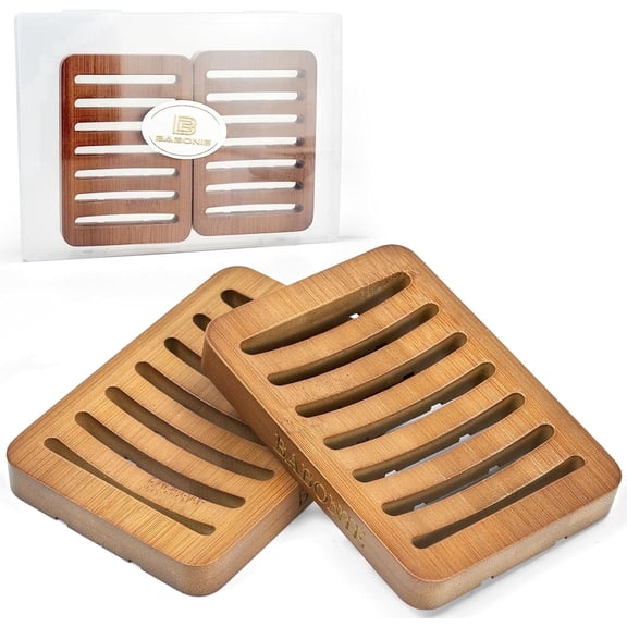 BABONIE Soap Dish with Drain, Bamboo Soap Dish for Shower & Sink, Brown, 2 Pack