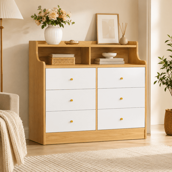 Cómoda de 6 Cajones con Estantes Abiertos, Mueble de Almacenamiento Multifuncional para Dormitorio, Sala, Pasillo o Entrada, Color Madera Natural y Blanco, 113 x 40 x 90 cm
