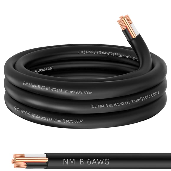 Cable NM-B 6/3 con conexión a tierra, 15 pies, 6 AWG, cobre calibre 6, conductor 3