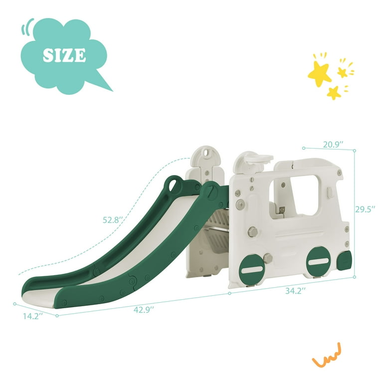 4-in-1 Baby Slide with Bus, Indoor Kids Slide with Basketball Hoop