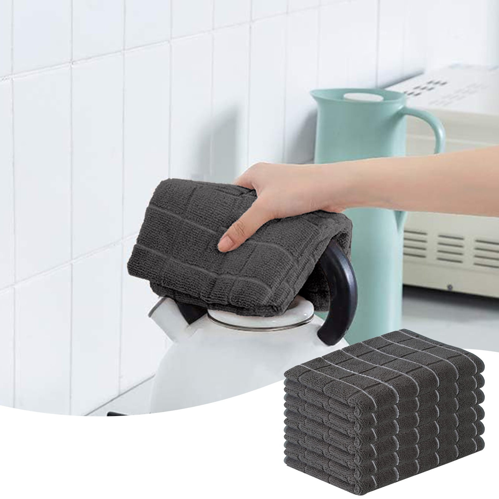 Premium Kitchen Towel and Dish Cloth Value Set: Highly Absorbent, Super Soft, Long-Lasting, Checked and Solid Hand Towels, Tea Towels, Bar Towels - 6 Pack(Black)