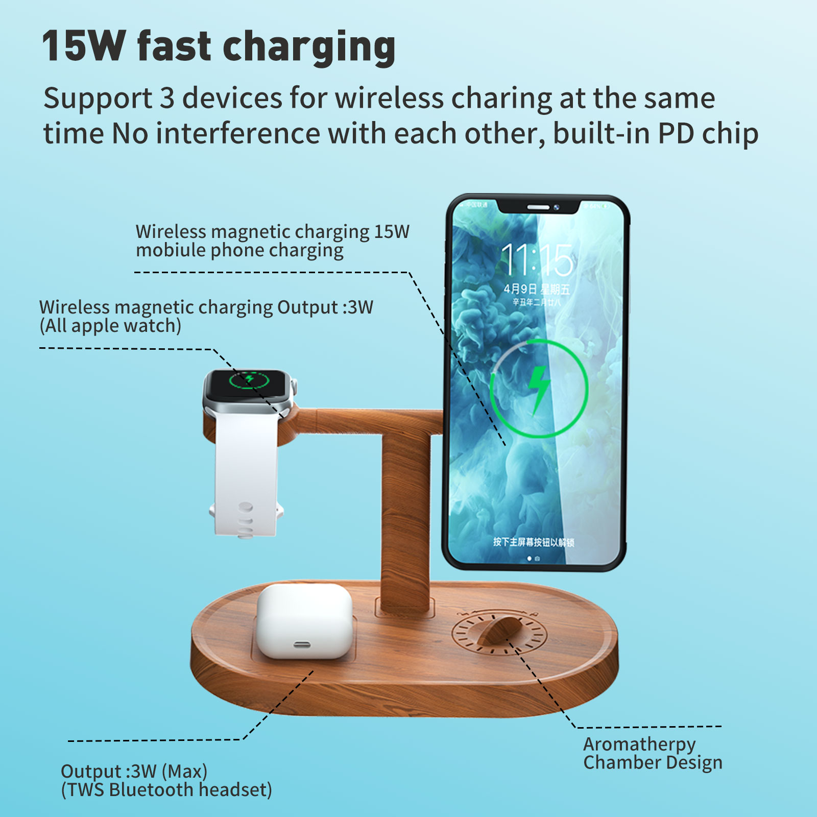 SMOIVE 3 in 1 Wireless Qi Fast Charger Dock Stand for iPhone 12 And Above &AirPods 2 and above & Apple Watch (Wood Color) - image 4 of 8