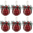 thumbnail image 1 of Adornos navideños de bolas a cuadros, adornos de bolas de tela a cuadros de búfalo negros y rojos de 3 pulgadas con piñas y vegetación, 6 uds., 1 of 5