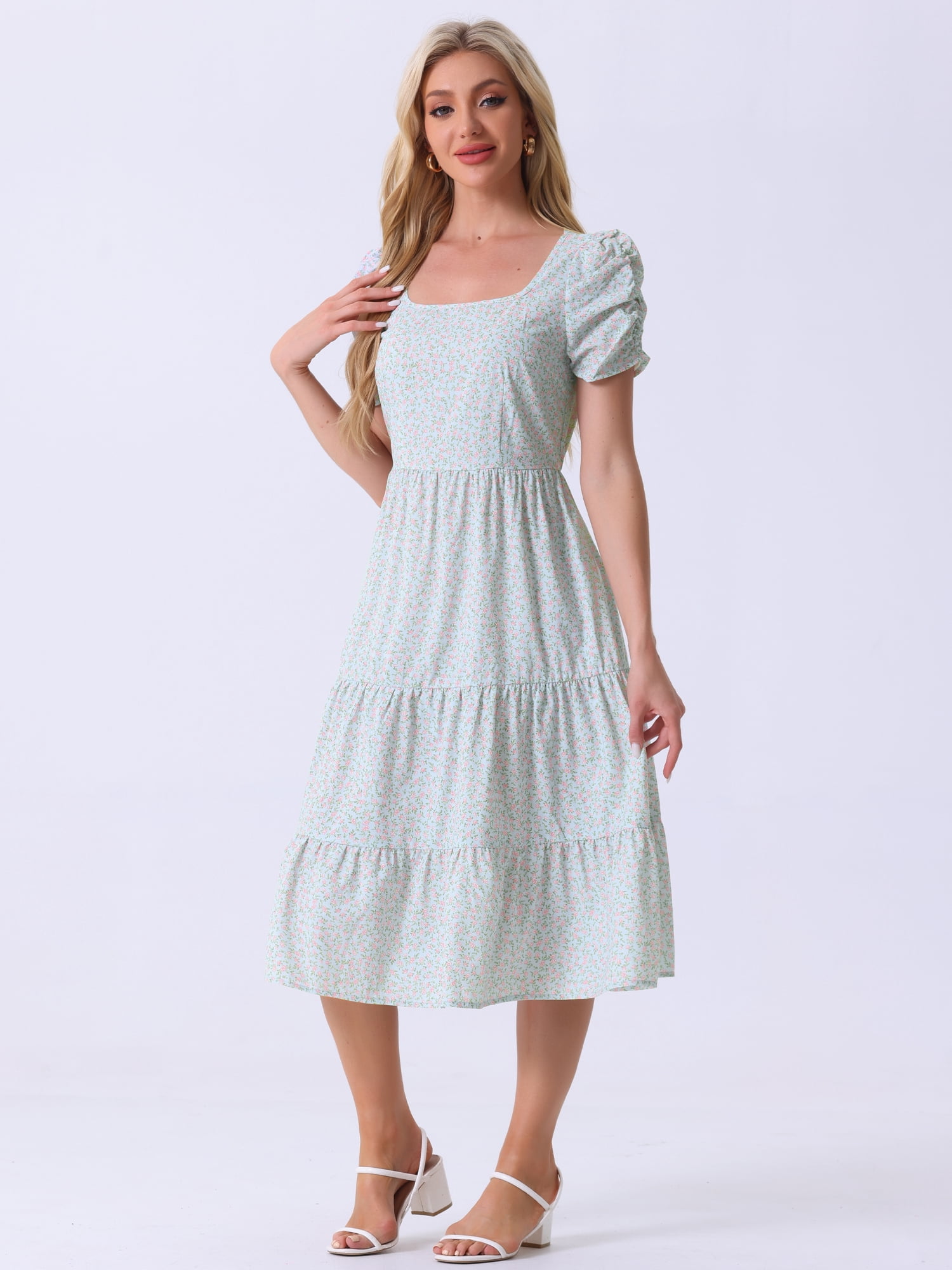 DARING DIVA Women's Floral Puff Short Sleeves Midi Dresses M Light Blue