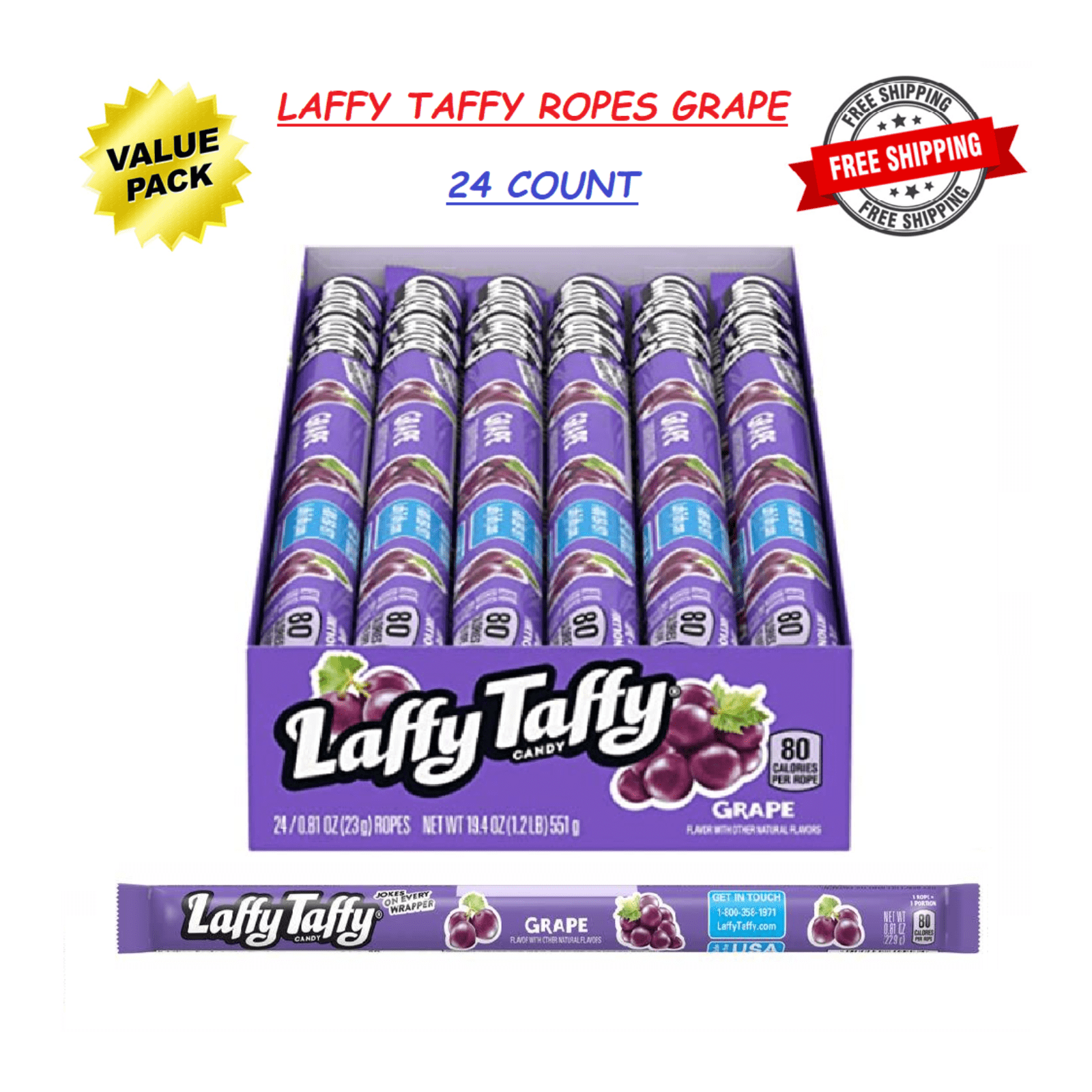 LAFFY TAFFY Ropes Candy, Grape Flavor, 0.81Ounce (Box of 24 Count