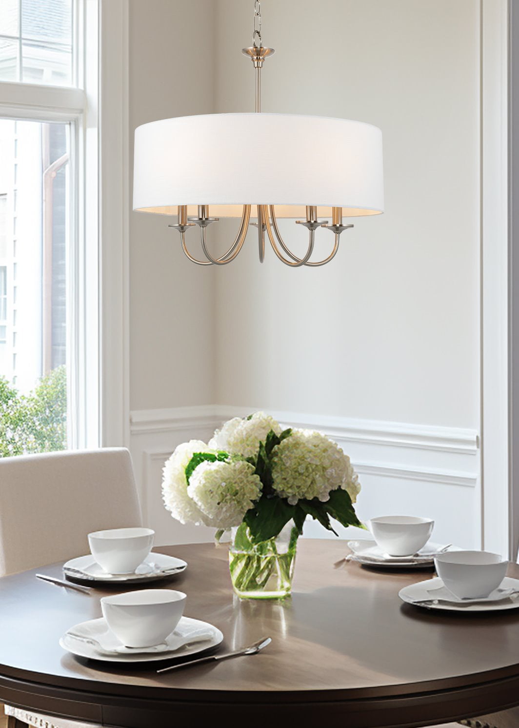 Kira Home Quinn 22" Drum Chandelier, White Linen Shade, Farmhouse Hanging Light, White Drum Shade, Brushed Nickel