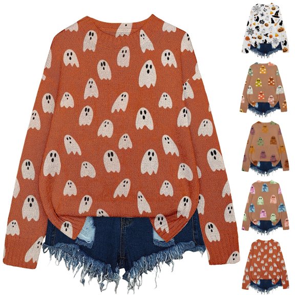 YVNAURA Knitted Halloween Pullover Sweater for Women Funny Pumpkin Graphic Crewneck Cozy Warm Fall Winter Spooky Season Top Casual Daily Outfit 1 Pack, Orange,XXL