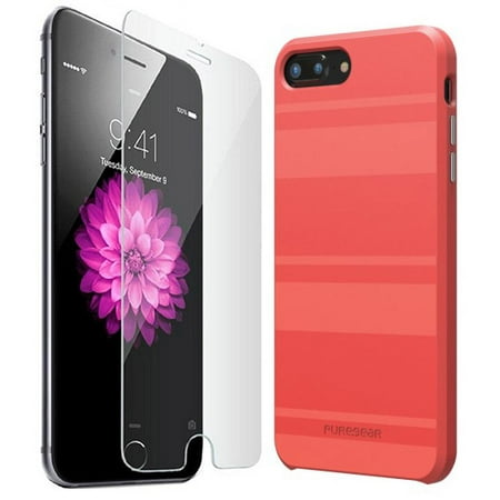 Case for iPhone 8 Plus, PureGear [Deep Coral] SoftTEK Slim Cover Liquid Silicone Skin [with BONUS Tempered Glass Screen Protector] for Apple iPhone 6 Plus | iPhone 7 Plus | iPhone 8 Plus