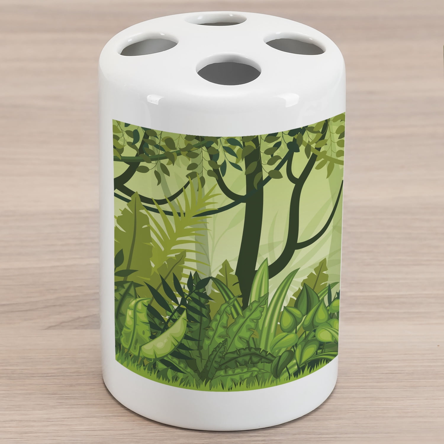 Plant Ceramic Toothbrush Holder, Cartoon Style Jungle Depiction Hand