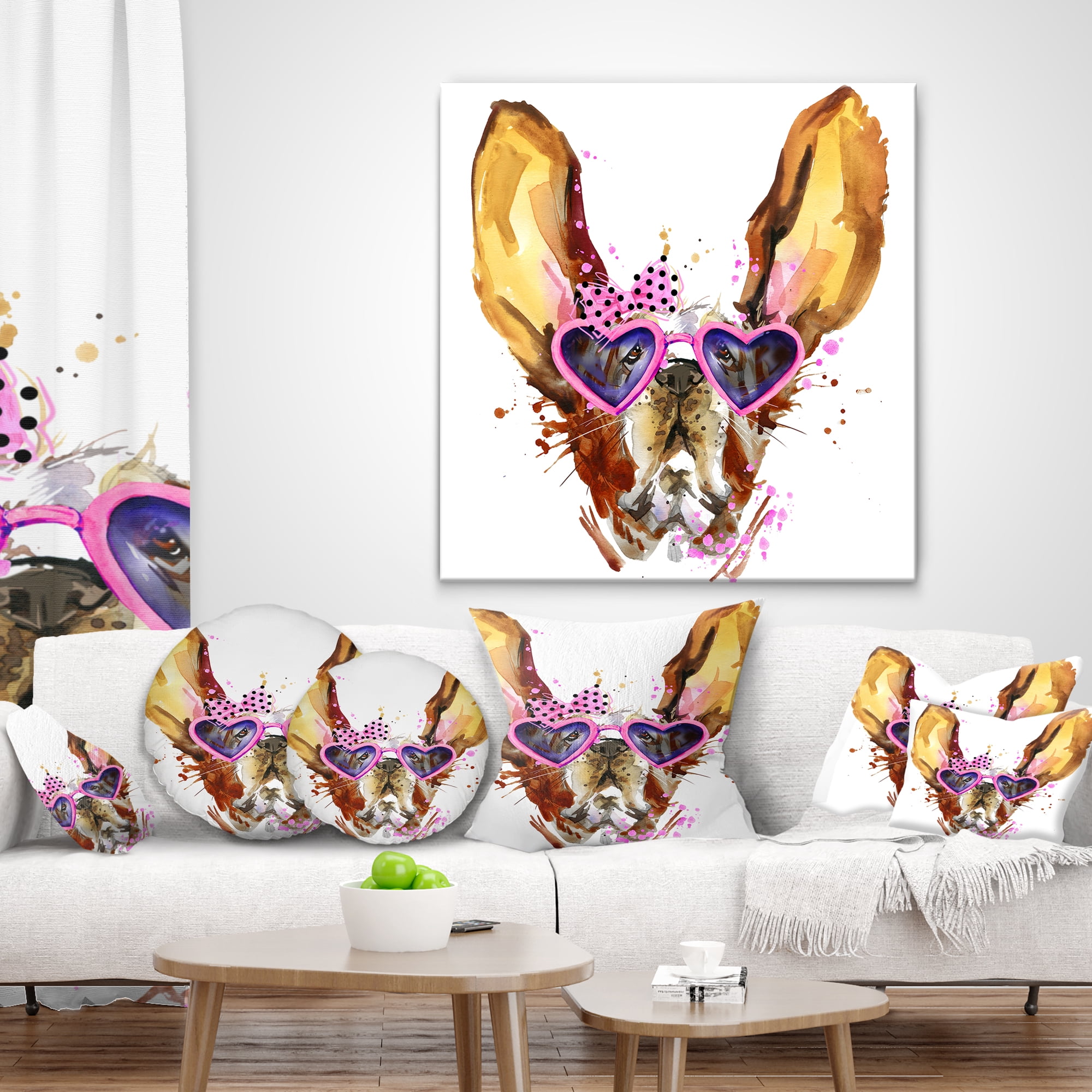 Designart Brown Cute Dog with Heart Glasses - Animal Throw Pillow - 18x18