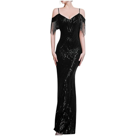 1920s Tassels Sequins Maxi Dress for Women Sexy Off the Shoulder Gatsby Formal Party Evening Prom Gowns
