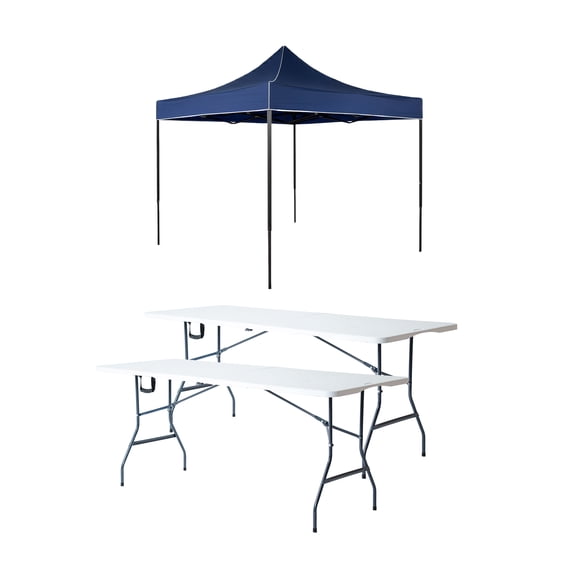 Paquete Toldo Plegable Azul 3x3 + 2 Mesas Plegables Blancas  180 cm Tipo Portafolio LOOMBER