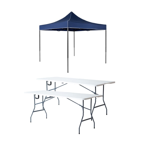 Paquete Toldo Plegable Azul 3x3 + 2 Mesas Plegables Blancas  180 cm Tipo Portafolio LOOMBER
