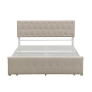 Queen Platform Bed Frame with Storage, Beige Linen Upholstered Metal Platform Bed with Headboard and Drawer, Modern Bedroom Furniture Queen Size Bed Frame, Holds 500 lbs, No Box Spring Needed, J3722