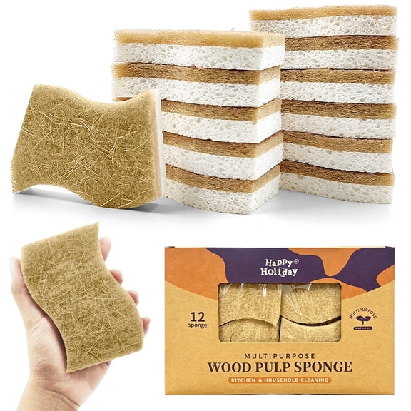 12 Pack Natural Kitchen Sponge, Biodegradable Compostable Cellulose and Coconut Scrubber Sponge, Eco Friendly Non-Scratch Scrub Sponge, Household Cleaning Sponge for Dishes