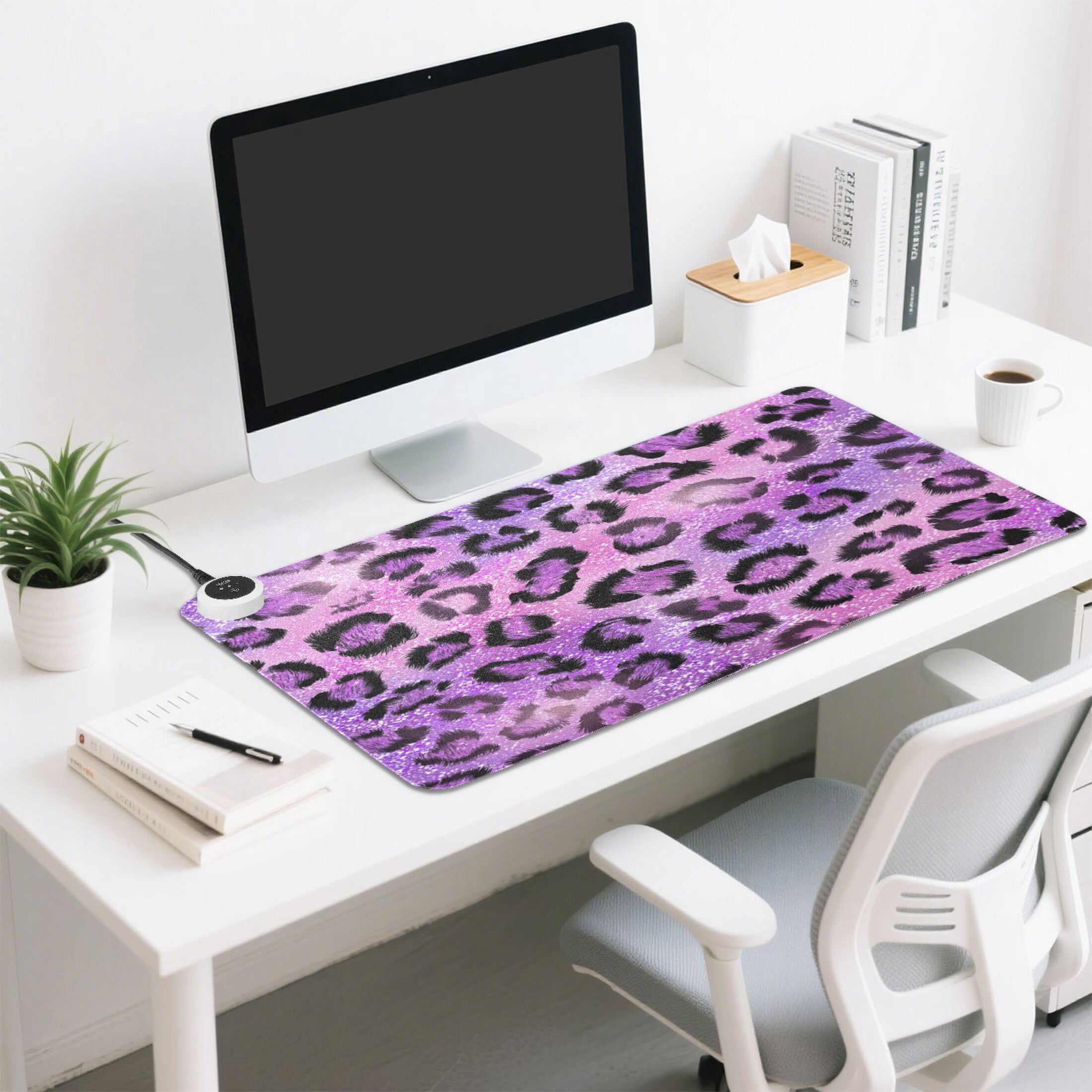 Large Heated Desk Mat Mouse Pad 31.5"x13"PU Leather Graphene Heating Desk Warmer with 3 Temperature Settings 110V US Plug Non-Slip Warm Pad for Home, Office, and Gaming Sparkle Pink Leopard Print