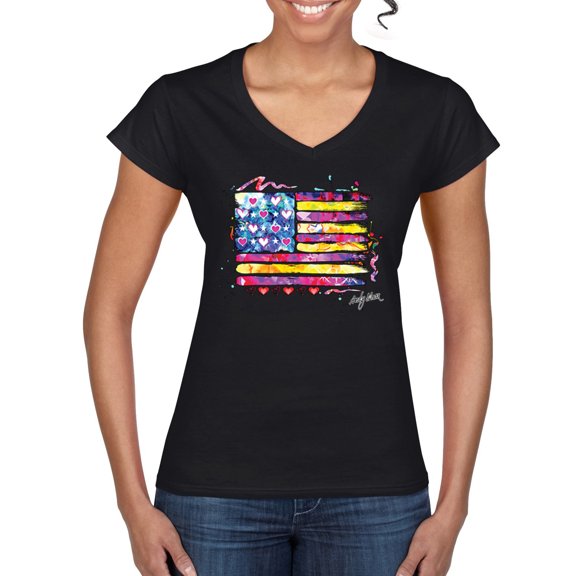 Wild Bobby, Colorful Neon Flag Hearts Love, Streetwear, Women Standard V-Neck Tee, Black, Small