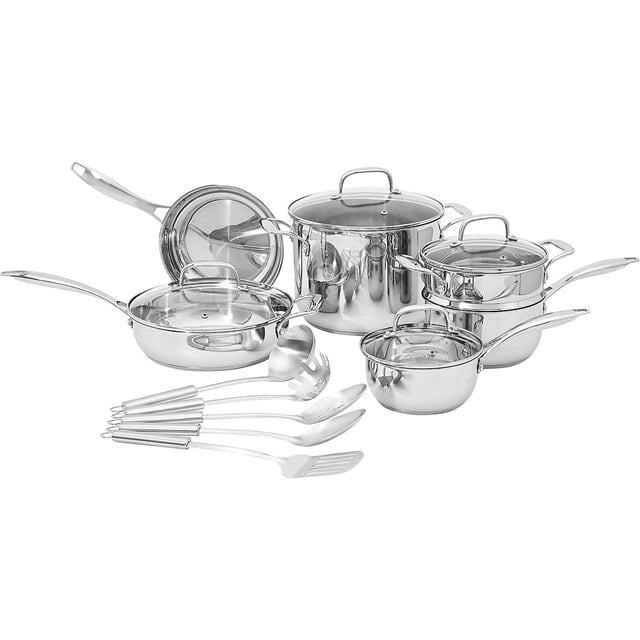 Stainless Steel 15-Piece Cookware Set, Pots, Pans and Utensils, Silver